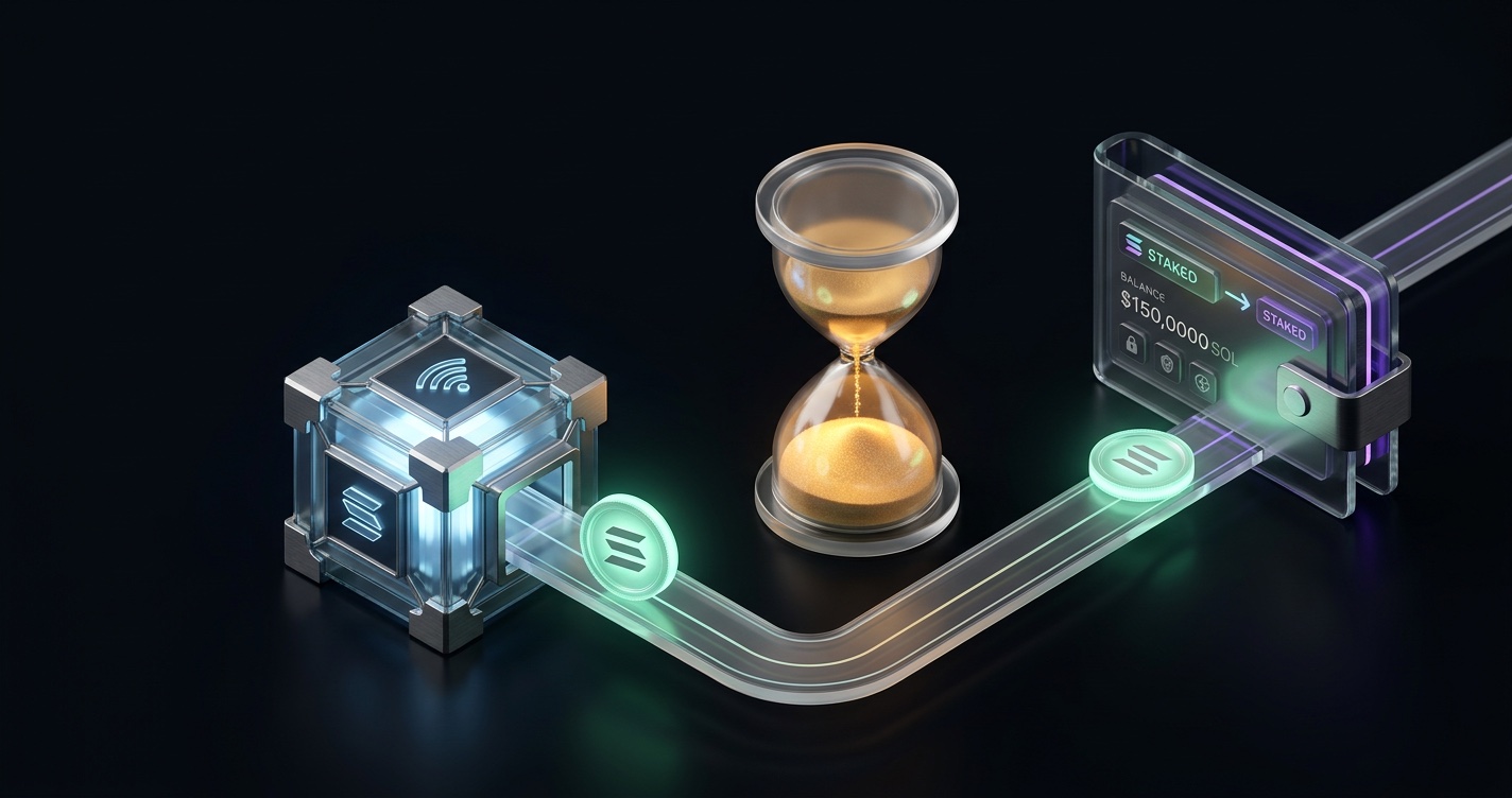 Unstaking SOL on Solana: a coin leaving a validator stake node, a cooldown hourglass, then a wallet