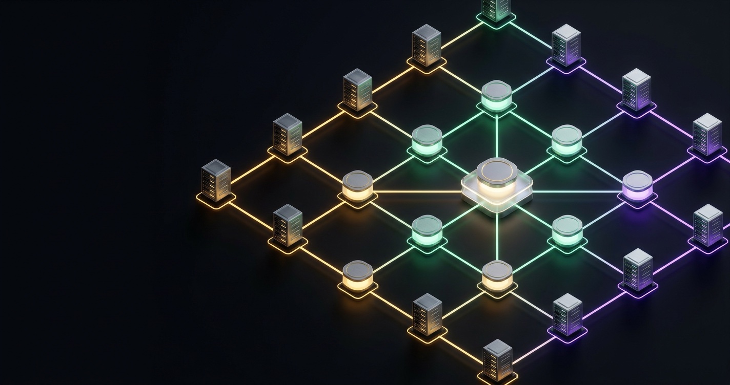 Isometric Solana validator network: server nodes connected by glowing links to a central SOL hub